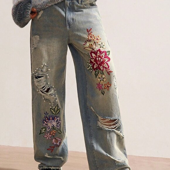 Casual Women's Boho Woven Embroidered Beaded detailed Jeans - Picture 6 of 8